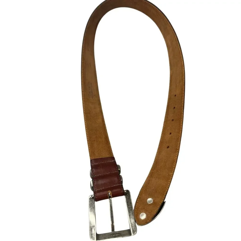 Leather Belt Silver Buckle Western Strap Brown Vintage